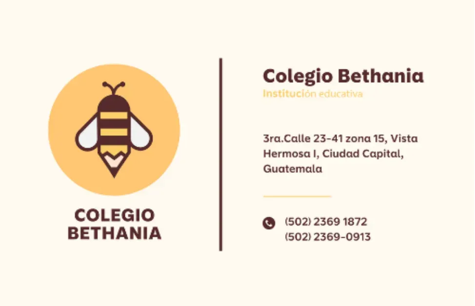 Tarjeta de presentación de Colegio Bethania con el logo, dirección y teléfonos