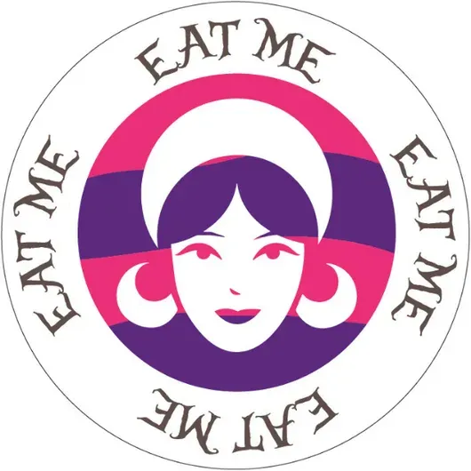 Sticker circular “EAT ME” con ilustración de rostro femenino para Café Gitane